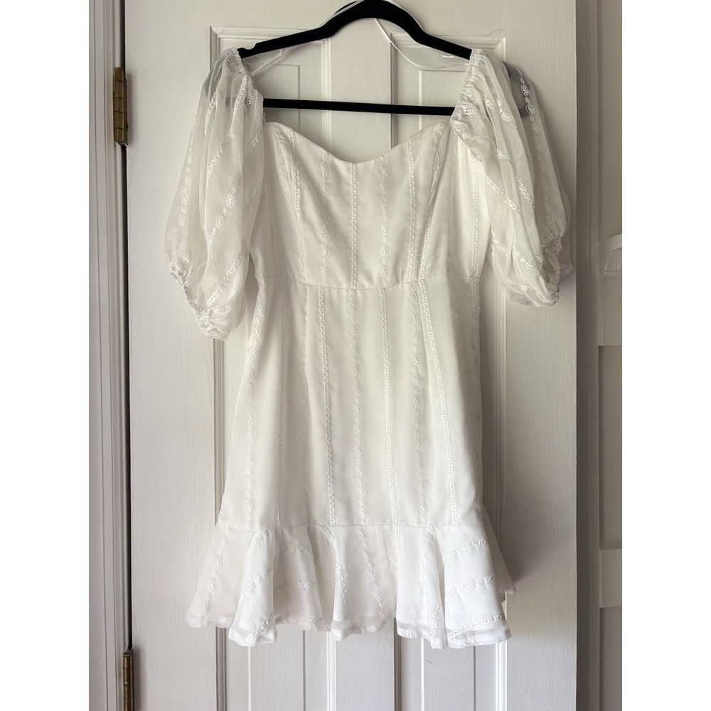 Windsor White Sheer Puff Sleeve Mini Ruffle Dress With Eyelet Detail Size Small - Picture 2 of 12